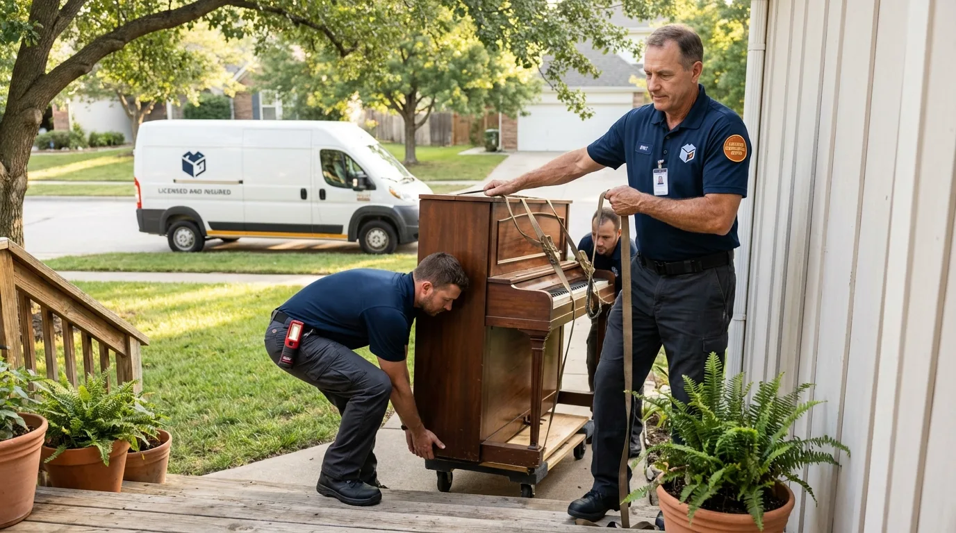 Licensed piano movers securing grand piano in Old Bridge, NJ
