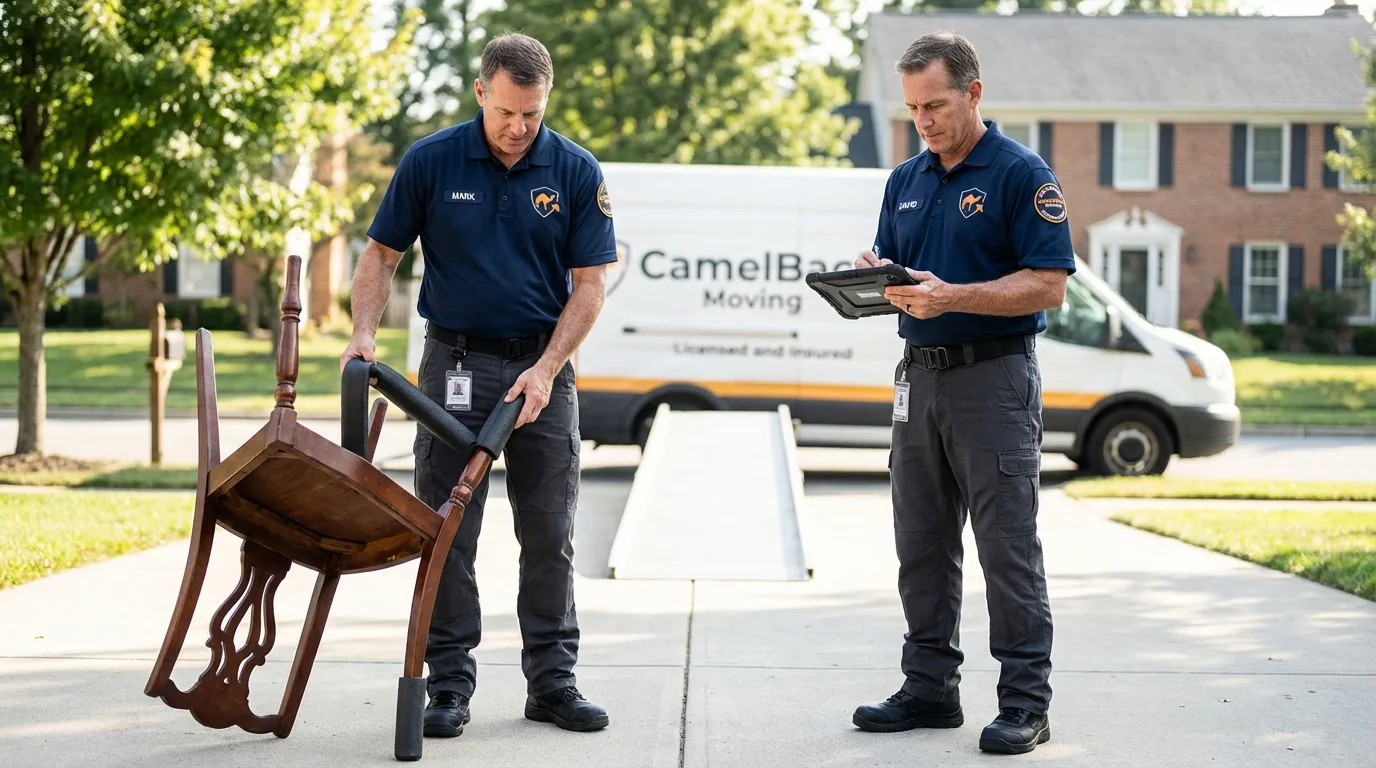 Movers inspecting furniture for damage prevention before loading in Old Bridge, NJ
