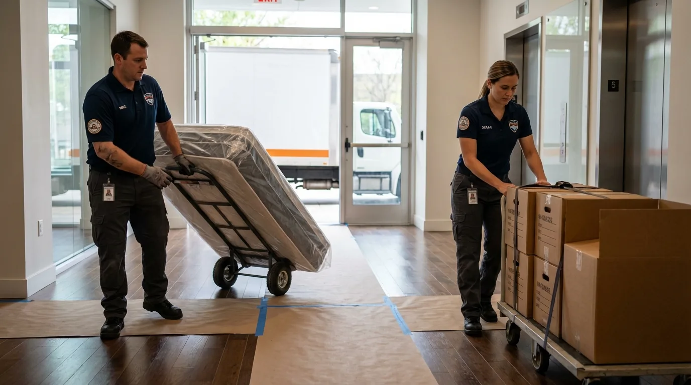 Professional apartment movers loading elevator in Old Bridge, NJ